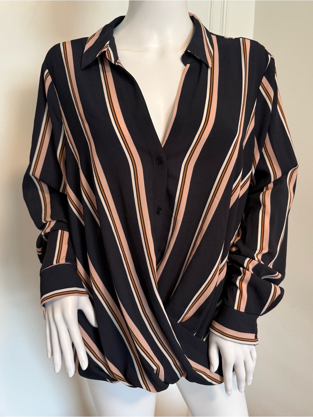 Nordstroms All In Favor Navy Striped Wrap Blouse - Pink & Tan Stripes XL